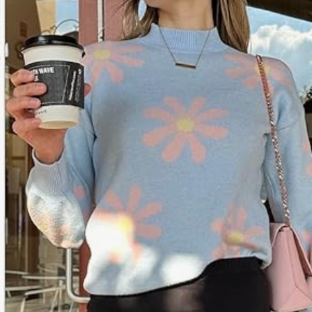 New Women’s Oversized Sweater Pullover Retro Lantern Knit Blue Pink Flower Xl — image 5 of 5